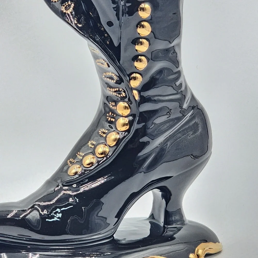 Vintage Ceramic Victorian Boot Vase Planter Black Gold Attributed Atlantic Mold
